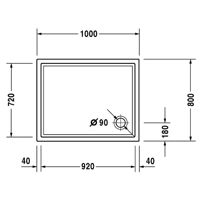 Duravit Duschwanne Starck Slimline - L x B: 100 x 80 cm, Kunststoff, Weiß, Ohne Antirutsch-Oberfläche - Skizze
