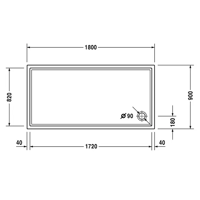 Duravit Duschwanne Starck Slimline - L x B: 180 x 90 cm, Kunststoff, Weiß, Ohne Antirutsch-Oberfläche - Skizze
