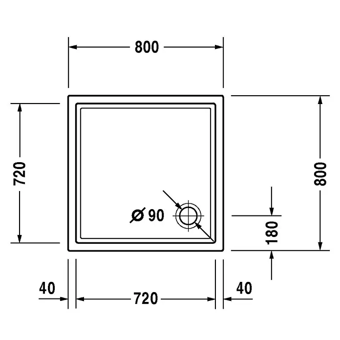 Duravit Duschwanne Starck Slimline - L x B: 80 x 80 cm, Kunststoff, Weiß, Ohne Antirutsch-Oberfläche - Skizze