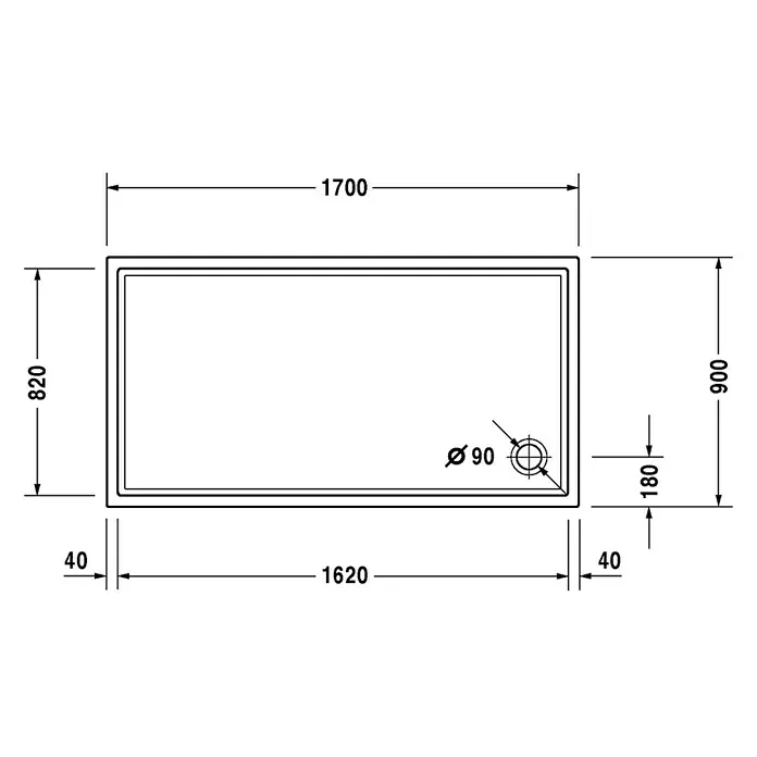 Duravit Duschwanne Starck Slimline - L x B: 170 x 90 cm, Kunststoff, Weiß, Mit Antirutsch-Oberfläche - Skizze