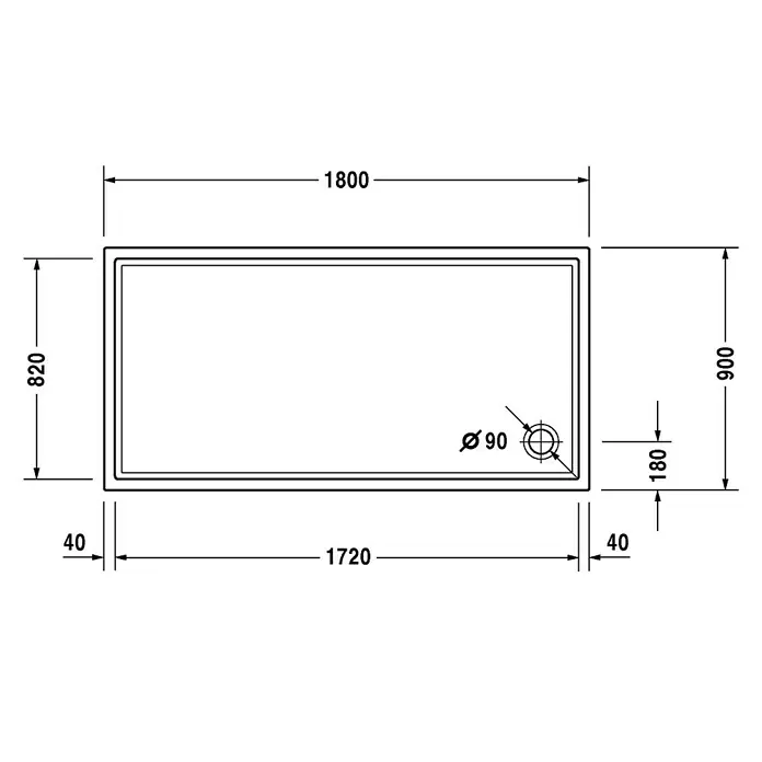Duravit Duschwanne Starck Slimline - L x B: 180 x 90 cm, Kunststoff, Weiß, Mit Antirutsch-Oberfläche - Skizze