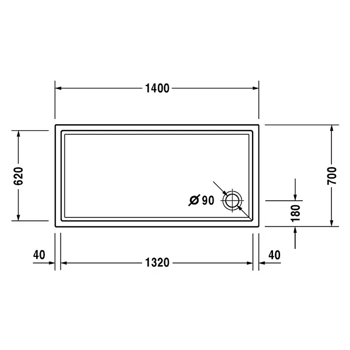 Duravit Duschwanne Starck Slimline - L x B: 140 x 70 cm, Kunststoff, Weiß, Mit Antirutsch-Oberfläche - Skizze