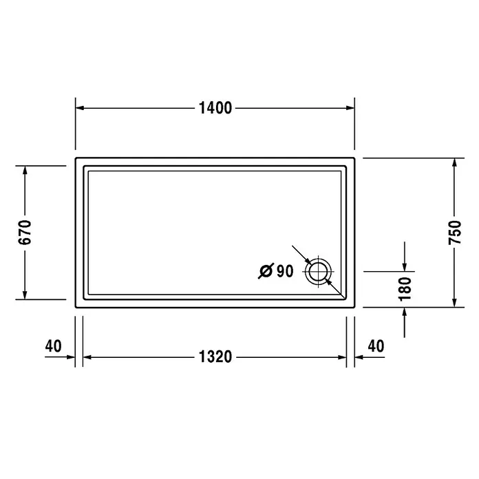 Duravit Duschwanne Starck Slimline - L x B: 140 x 75 cm, Kunststoff, Weiß, Mit Antirutsch-Oberfläche - Skizze