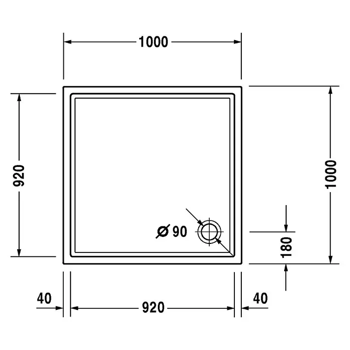Duravit Duschwanne Starck Slimline - L x B: 100 x 100 cm, Kunststoff, Weiß, Mit Antirutsch-Oberfläche - Skizze