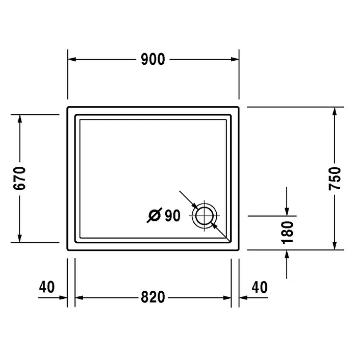 Duravit Duschwanne Starck Slimline - L x B: 90 x 75 cm, Kunststoff, Weiß, Ohne Antirutsch-Oberfläche - Skizze