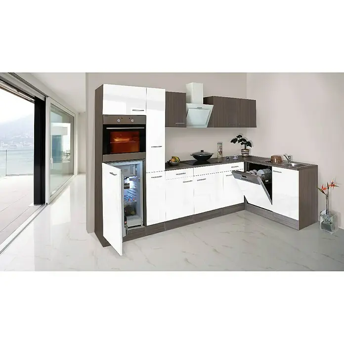 Respekta Winkelküche KBL310EYWOE - 310 x 172 cm, Mit Elektrogeräten, Weiß Seidenglanz - Rechte Seitenansicht