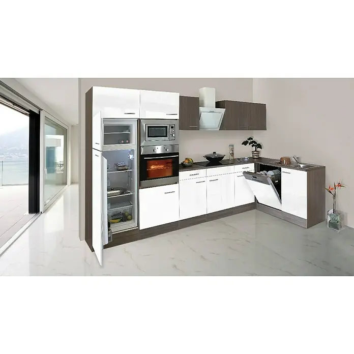 Respekta Winkelküche KBL340EYWMIGKEOE - 340 x 172 cm, Mit Elektrogeräten, Weiß Seidenglanz - Rechte Seitenansicht