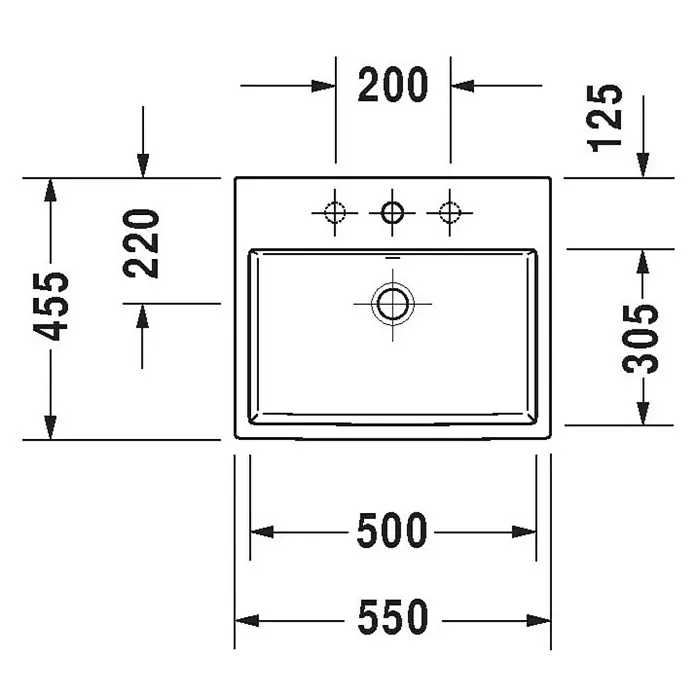 Duravit Vero Air Einbauwaschbecken - 55 x 45,5 cm, Ohne Spezialglasur, Hahnloch: Ohne, Mit Überlauf, Weiß - Skizze