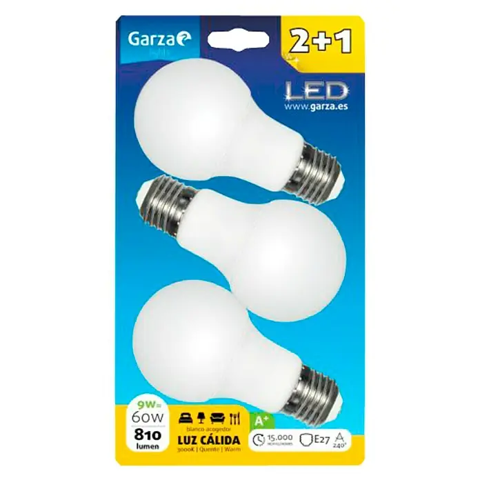 Garza Bombilla LED - 3 uds., 9 W, E27, Color de luz: Blanco cálido