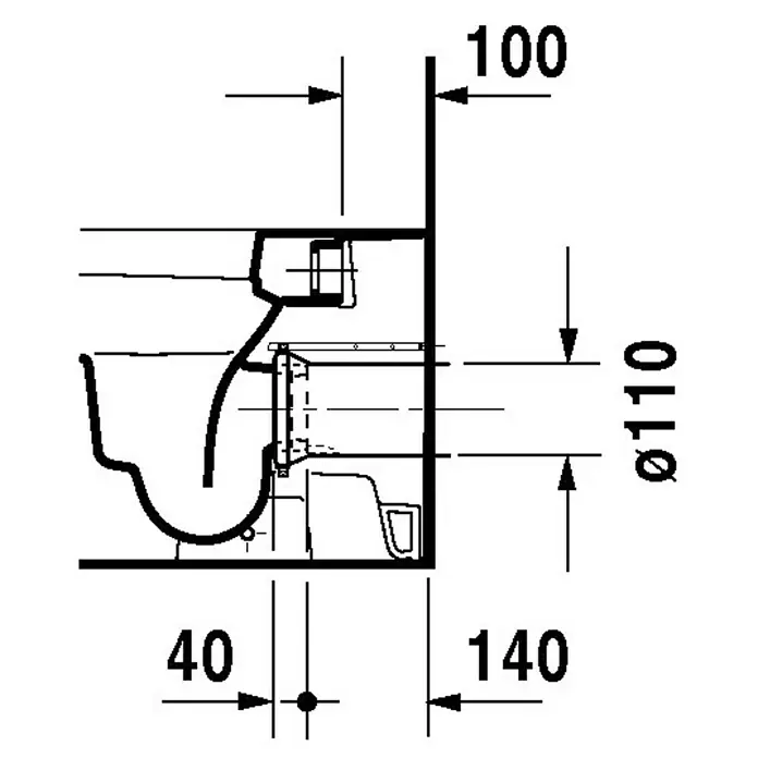 Duravit Happy D.2 Stand-WC - Mit Spülrand, Ohne Spezialglasur, Spülform: Tief, WC Abgang: Waagerecht, Weiß - Skizze