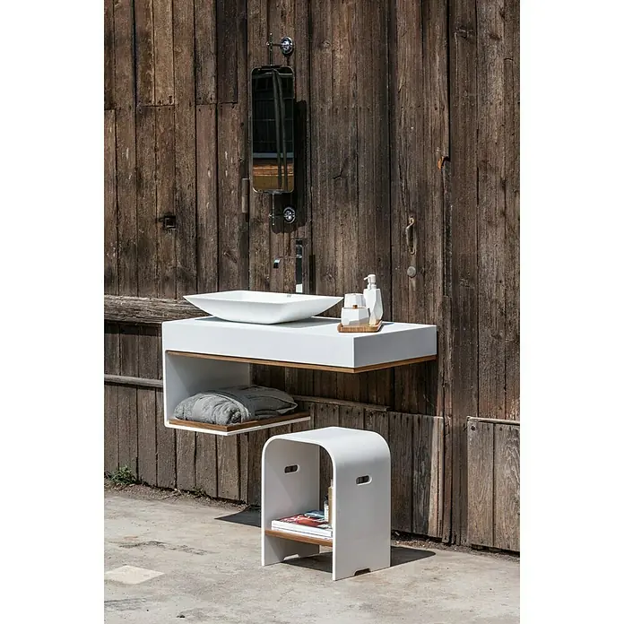 Cipì Diamond Taburete para baño - An x Al: 36 x 48 cm, Piedra acrílica HiMacs, Blanco, Teca