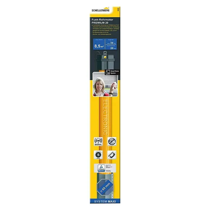Schellenberg Funk-Rohrmotor Maxi Premium 20 - Max. Rollladenfläche: 8,5 m² bei Kunststoffrollläden, Einbaulänge: 535 mm, Zugkraft: 34 kg