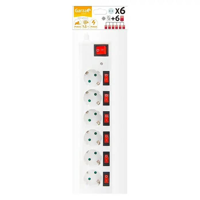 Garza Base de enchufe múltiple - Número de enchufes Schuko: 6 ud., Blanco, 1,5 m, Potencia de conexión máx.: 3.680 W