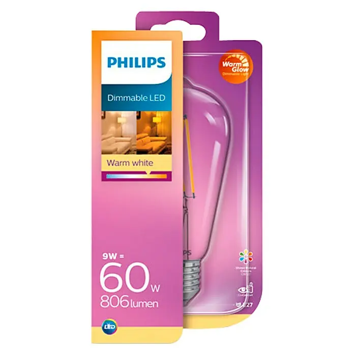 Philips Bombilla LED Vintage - 9 W, E27, Color de luz: Blanco cálido, Intensidad regulable, Forma de pera