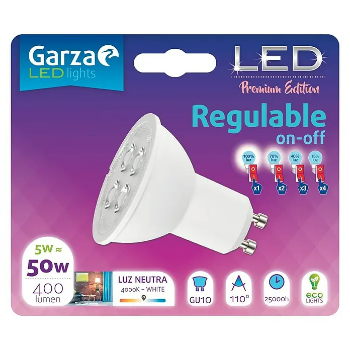 Garza Bombilla LED 4 en 1 - 5 W, GU10, Color de luz: Blanco neutro, Intensidad regulable, Semirredondo