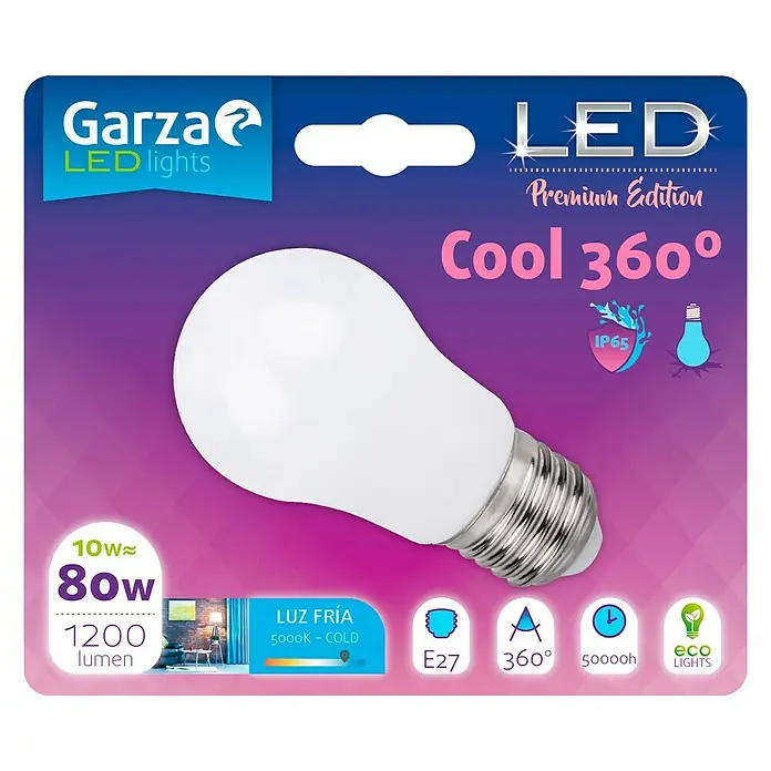 Garza Bombilla LED Cool - 10 W, E27, Color de luz: Blanco frío, No regulable, Redonda