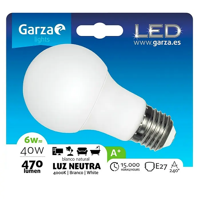 Garza Bombilla LED - 6 W, E27, Blanco neutro, 470 lm