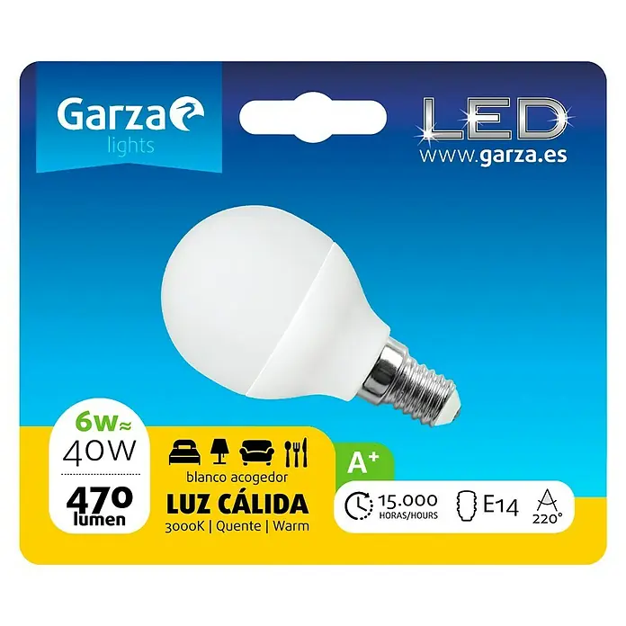 Garza Bombilla LED - E14, 6 W, 470 lm, Blanco cálido