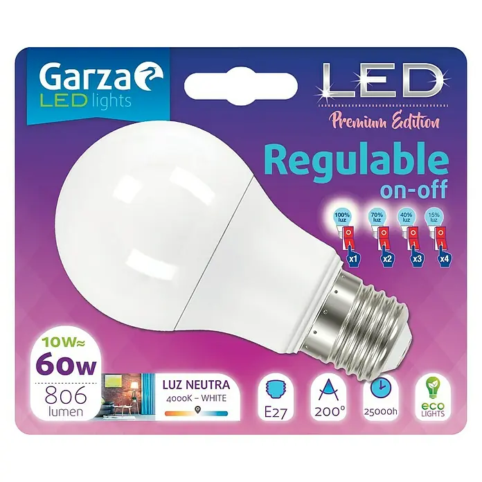 Garza Bombilla LED 4 en 1 - 10 W, E27, Color de luz: Blanco neutro, Intensidad regulable, Redonda