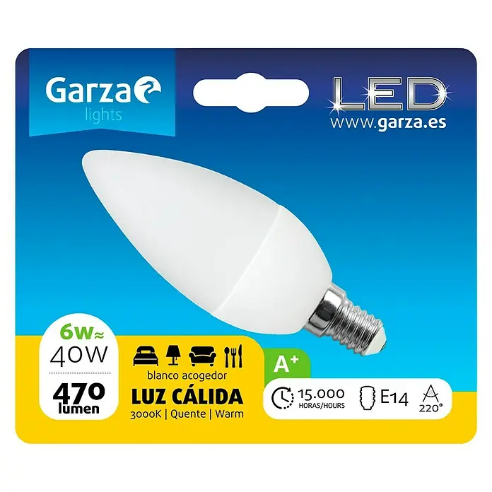 Garza Bombilla LED - E14, 6 W, Blanco cálido, 470 lm