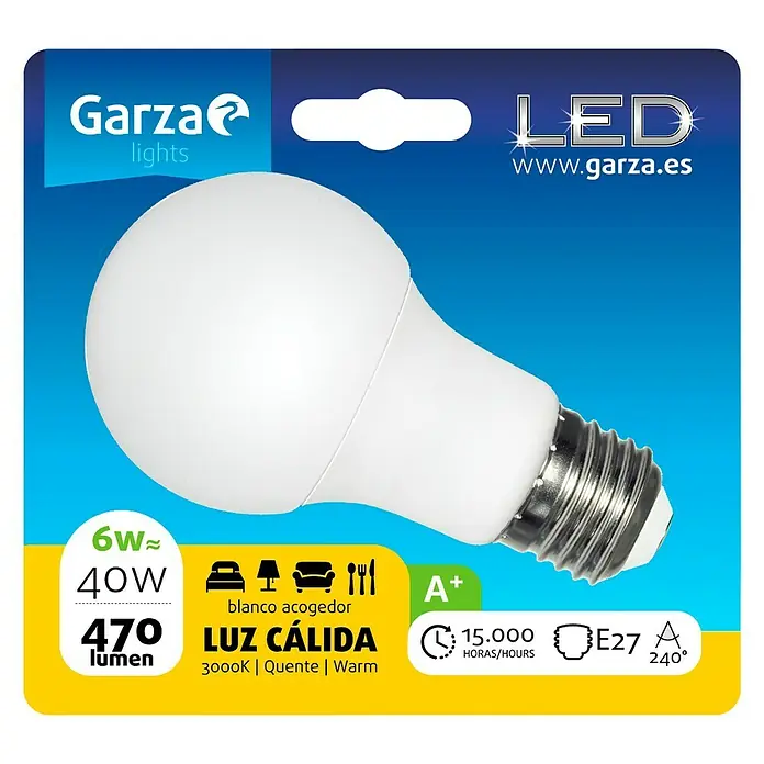 Garza Bombilla LED - 6 W, E27, Blanco cálido, 470 lm