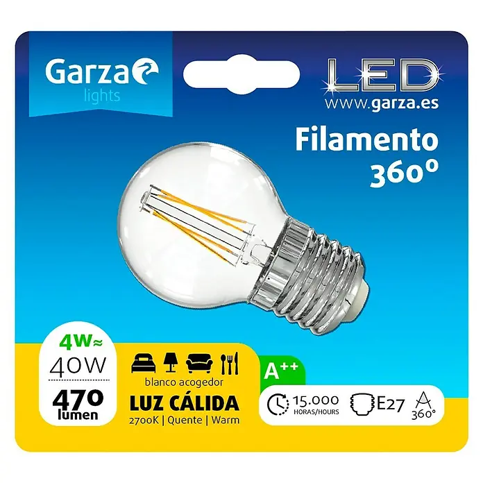 Garza Bombilla LED Filamento - 4 W, E27, Blanco cálido, 470 lm