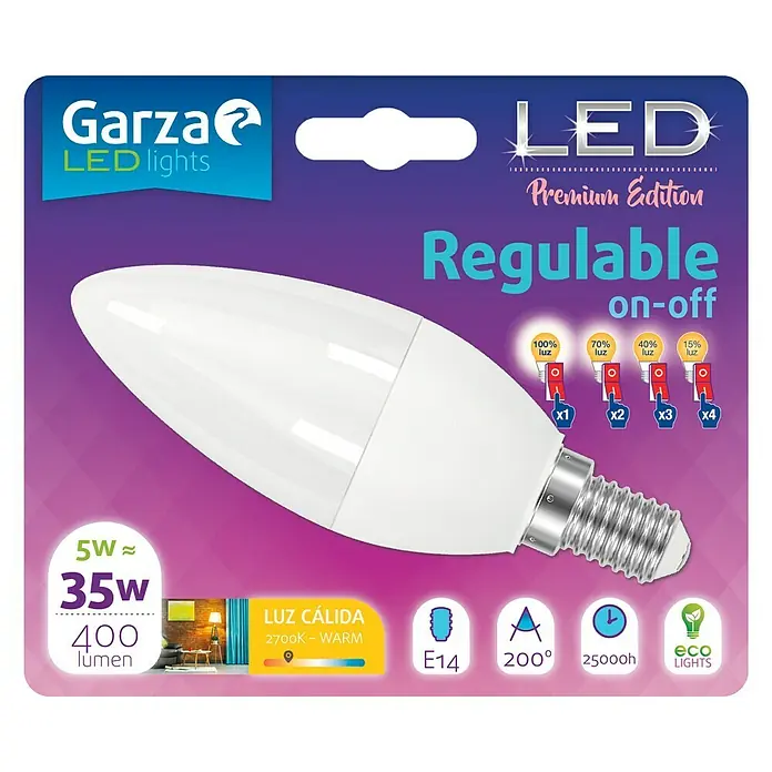 Garza Bombilla LED 4 en 1 - 5 W, E14, Color de luz: Blanco cálido, No regulable, Vela