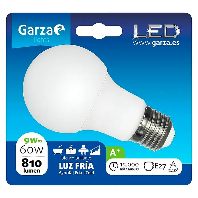 Garza Bombilla LED - 9 W, E27, Blanco frío, 810 lm