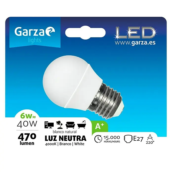 Garza Bombilla LED - E27, 6 W, Blanco neutro, 470 lm