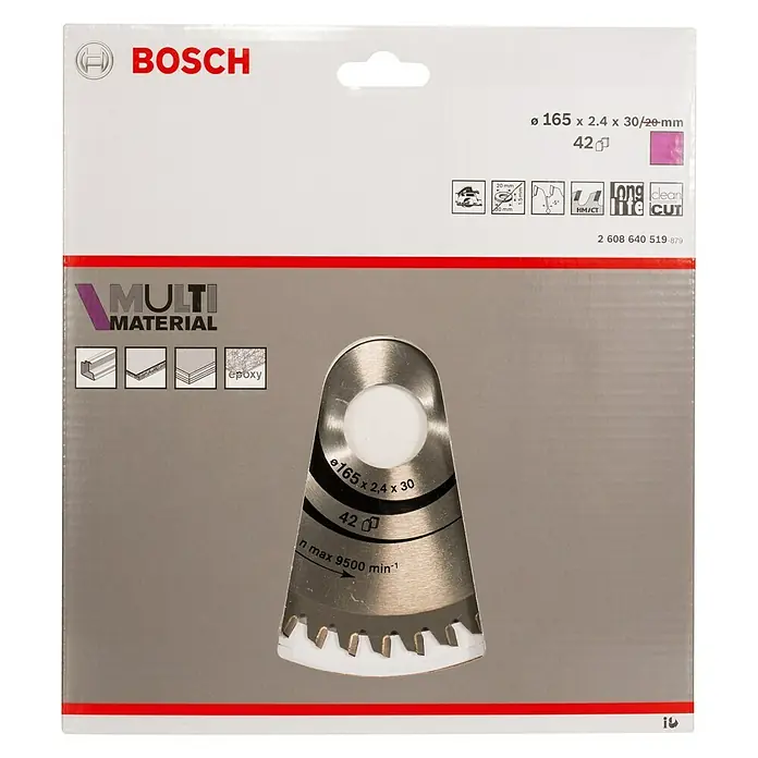 Bosch Kreissägeblatt Multimaterial - Durchmesser: 165 mm, Bohrung: 30 mm, Anzahl Zähne: 54 Zähne - Vorderansicht