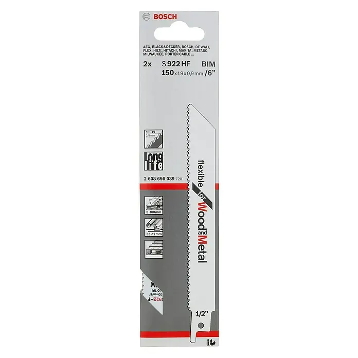 Bosch Säbelsägeblatt S 922 HF - Einsatzbereich: Holz mit Nägeln, 2 Stk., Länge: 150 mm - Vorderansicht