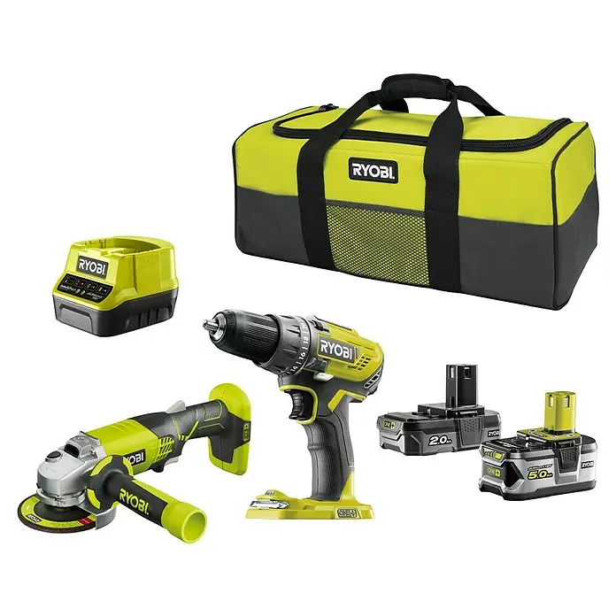 Ryobi ONE+ Maschinen-Set R18DDAG-252S - 18 V, 2 Akkus, 6 -tlg. - Vorderansicht