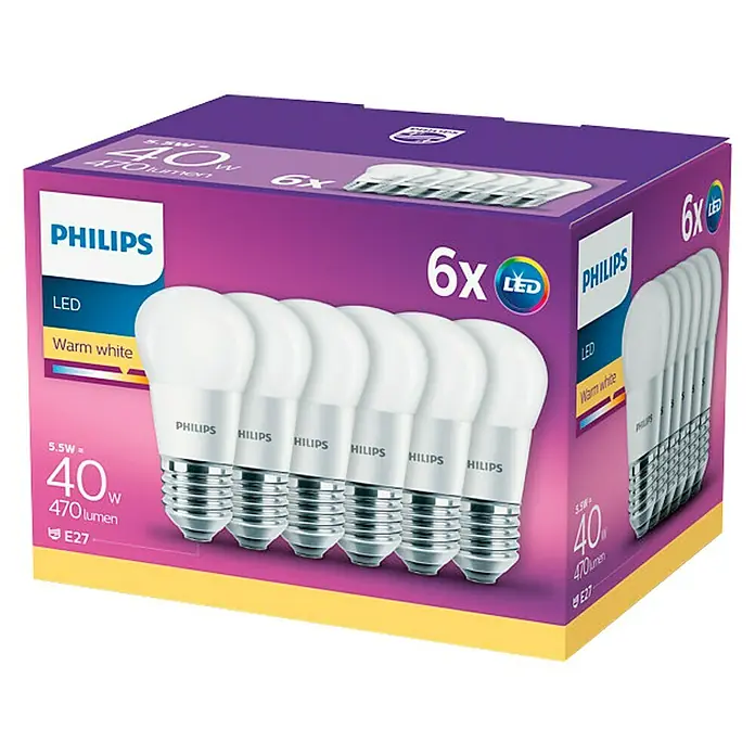 Philips Bombilla LED Esférica - 6 uds., E27, 5,5 W, Color de luz: Blanco cálido, No regulable