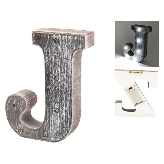 Letra LED de madera - J, Marrón oscuro, Color de luz: Blanco neutro