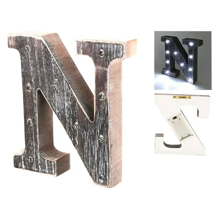 Letra LED de madera - N, Marrón oscuro, Color de luz: Blanco neutro
