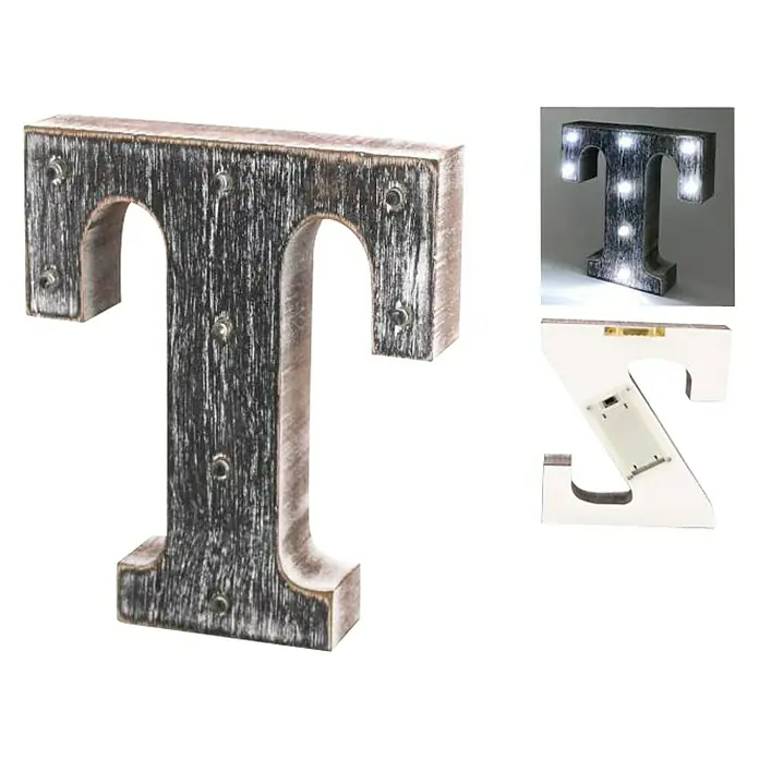 Letra LED de madera - T, Marrón oscuro, Color de luz: Blanco neutro