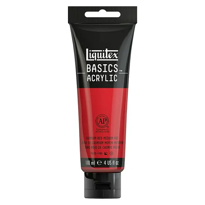 Liquitex Basics Acrylfarbe - Farbe: Kadmiumrot mittel, 118 ml, Tube - Vorderansicht