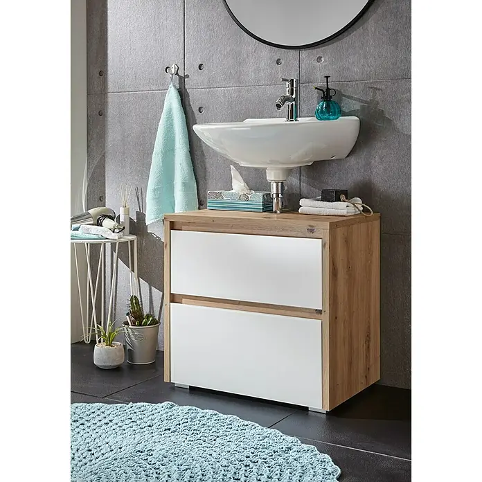 Riva Waschtischunterschrank Glass - 60,8 x 40 x 58 cm, Eiche Nachbildung, Weiß - Linke Seitenansicht