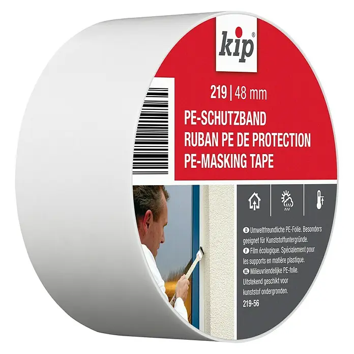 Kip PE-Schutzband 219 - Selbstklebend, 33 m x 48 mm, Stärke: 0,09 mm, Polyethylen, Temperaturbeständigkeit: Bis +40 °C - Linke Seitenansicht