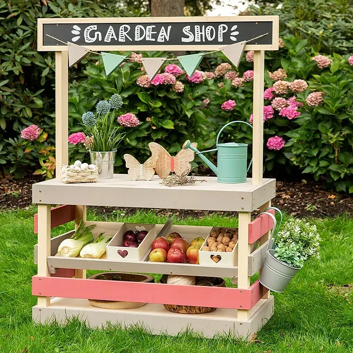 Muddy Buddy Kinder-Kaufladen Garden Friend - L x B x H: 90 x 40 x 115 cm, Holz, Natur/Warmgrau/Malvenrosa - Stimmungsaufnahme