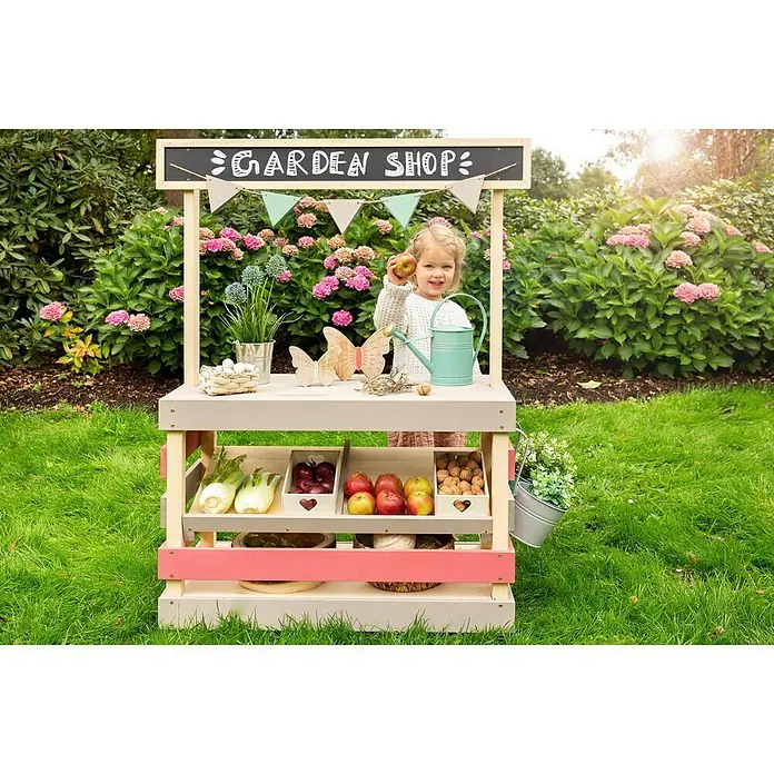 Muddy Buddy Kinder-Kaufladen Garden Friend - L x B x H: 90 x 40 x 115 cm, Holz, Natur/Warmgrau/Malvenrosa - Stimmungsaufnahme