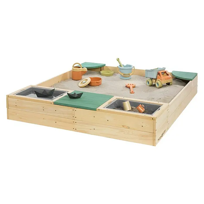 Muddy Buddy Sandkasten Beach Rebel - 135 x 125 x 20 cm, Holz, Salbeigrün/Natur - Vorderansicht