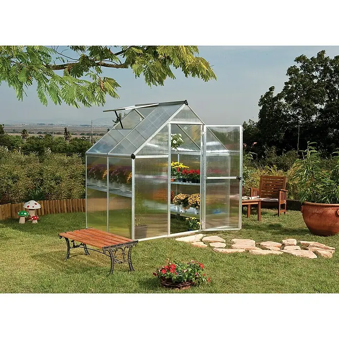 Palram – Canopia Gewächshaus Mythos 6x4 - 126 x 185 x 208 cm, Silber/Transparent - Vorderansicht