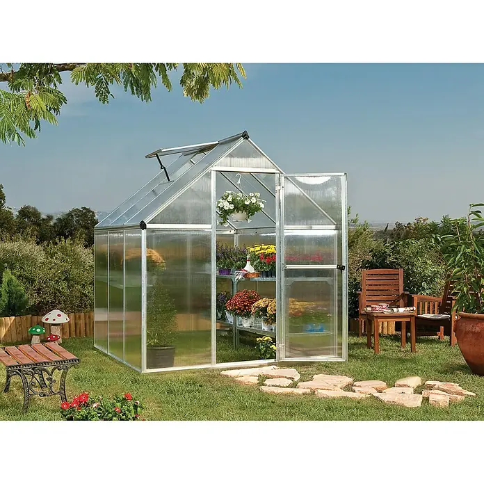 Palram – Canopia Gewächshaus Mythos 6x6 - 186 x 185 x 208 cm, Silber/Transparent - Vorderansicht