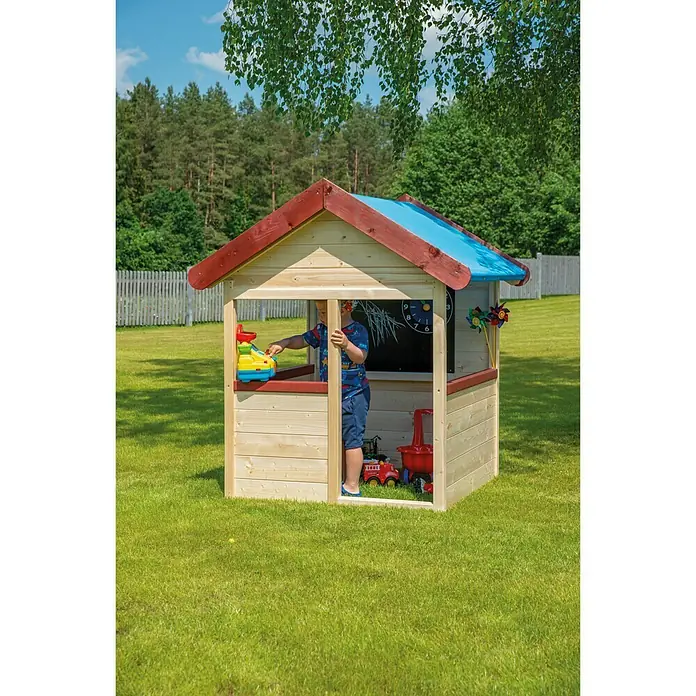 Spielhaus Nele - 100 x 100 x 150 cm, Natur, Rot, Blau