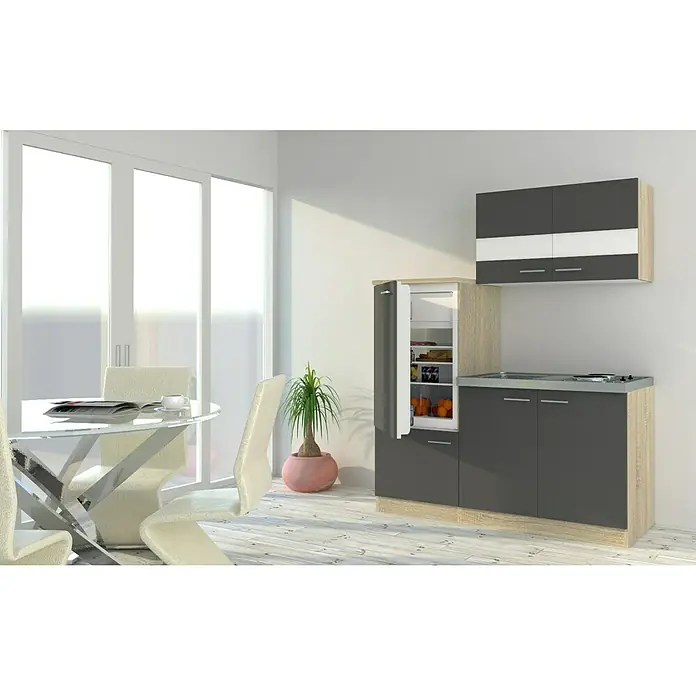 Respekta Singleküche KB160ESG - Breite: 160 cm, Mit Duo-Kochmulde, Grau