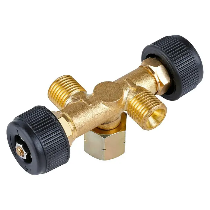 Rothenberger Industrial Doppelabzweigventil - Passend für: Druckregler mit 1/4" L-Anschluss - Vorderansicht