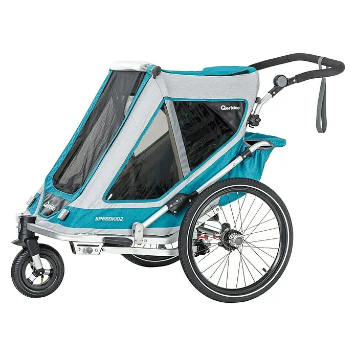 Qeridoo Kinderfahrradanhänger Speedkid 2 - Zweisitzer, Petrol, Kinder von 1 bis 6 Jahren - Linke Seitenansicht