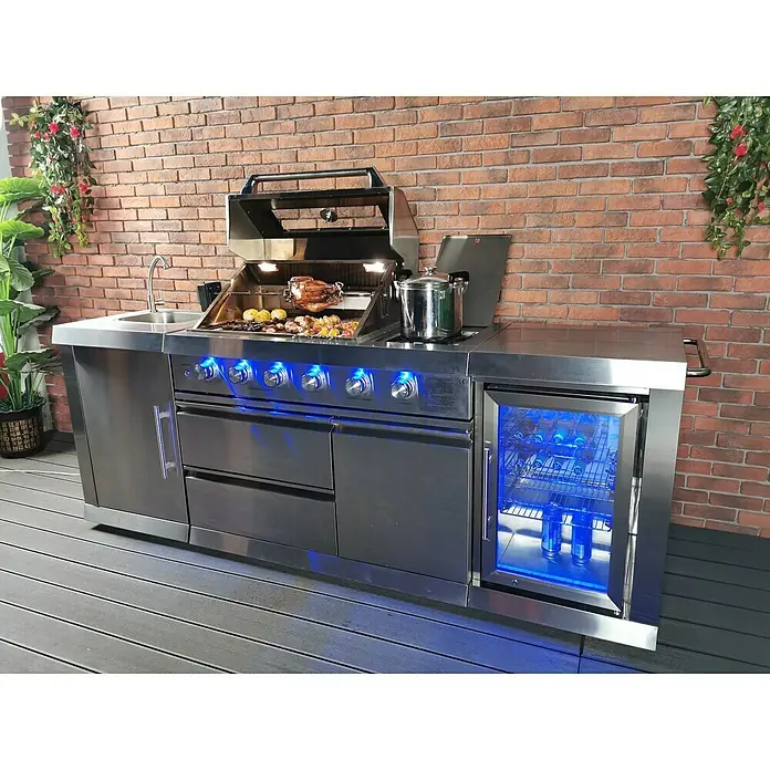 Buschbeck Outdoorküche Oxford - L x B x H: 244 x 60 x 124 cm, Edelstahl, Hauptgrillfläche: 70 x 45 cm, Anzahl Brenner: 4 - Linke Seitenansicht