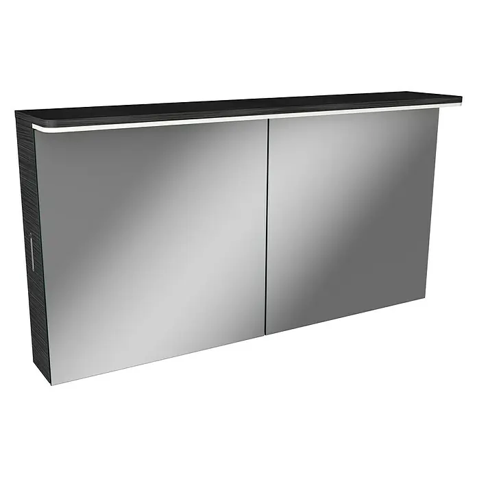 Modern 3.0 LED-Spiegelschrank - B x H: 120 x 68,4 cm, Mit Beleuchtung, Spanplatte, Darkoak - Linke Seitenansicht